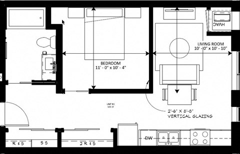 Floor plan for 1 bed, 1 bath, 505 sqft